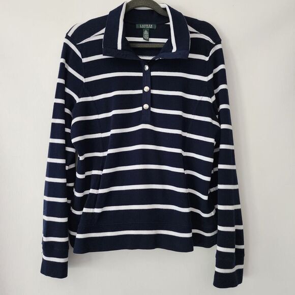 Lauren Ralph Lauren blue white nautical knit sweater kangaroo pocket top size XL - Picture 1 of 7